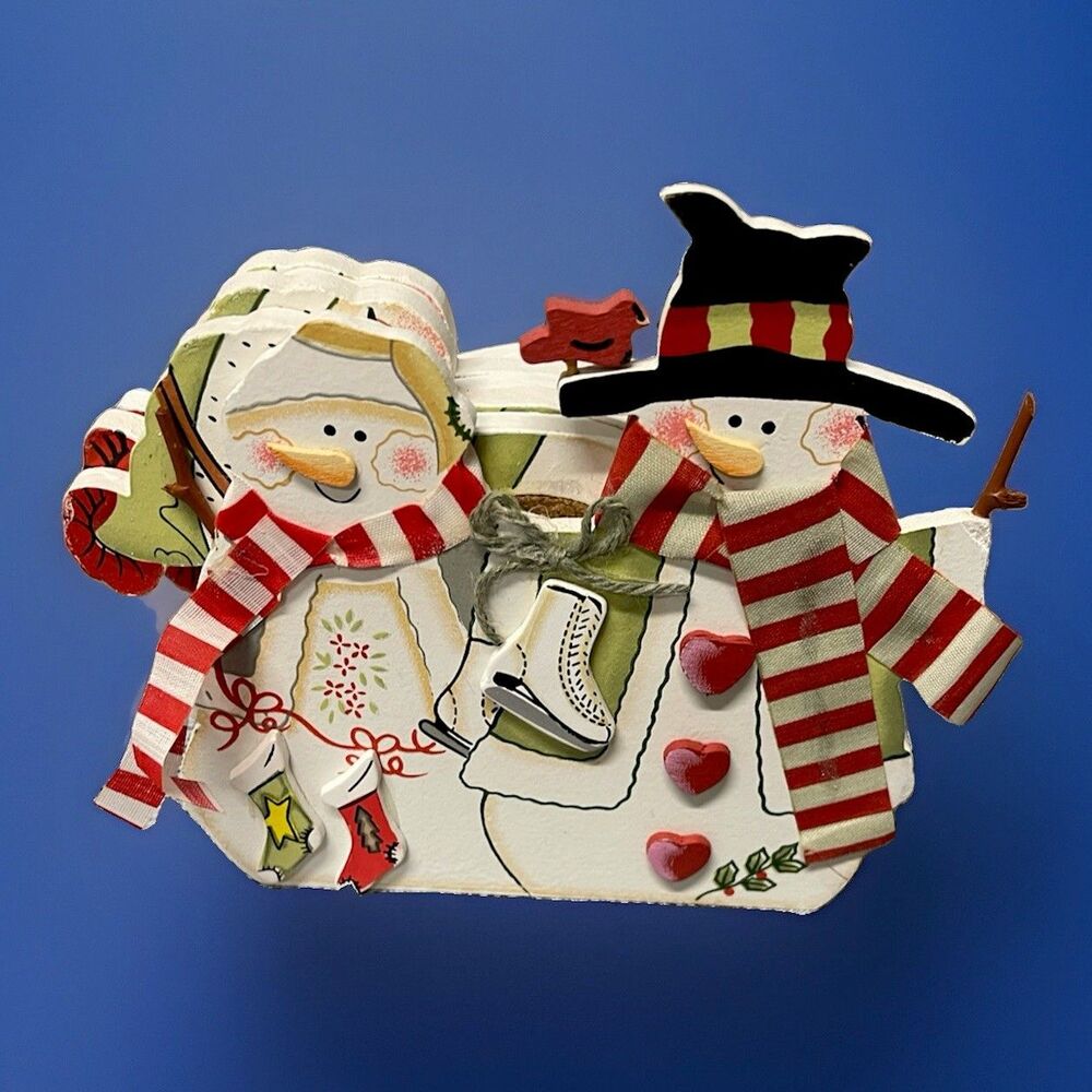 Wooden Snowman Christmas Coasters Set of 6 w Holder Cork Holiday Decor